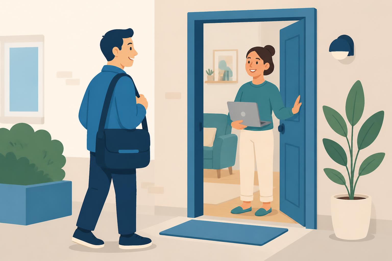 Ilustração de um especialista da Orion sendo recebido por uma cliente com um notebook nas mãos
